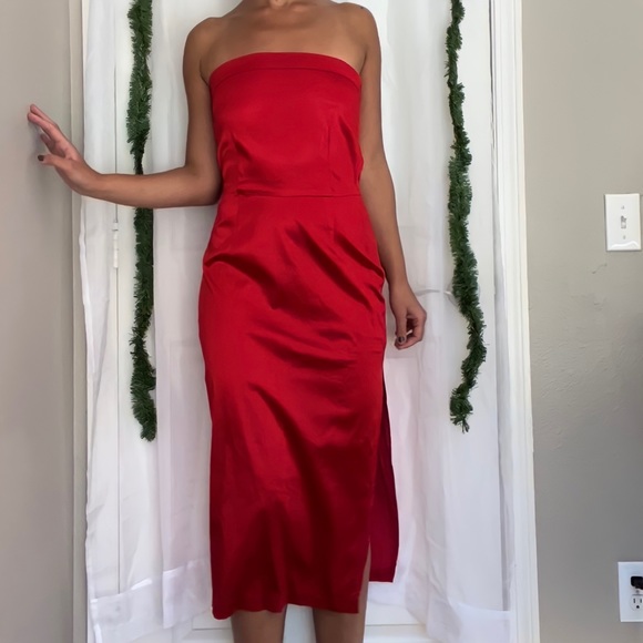 SOLD โ Lux Vintage Fire Engine Red Satin Strapless Midi Evening Cocktail Dress - Picture 2 of 6